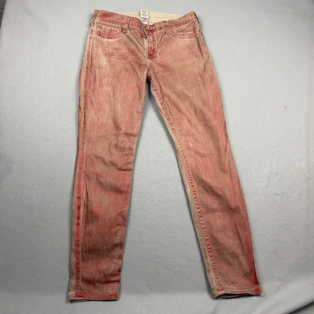 True Religion Halle Mid Rise Super Skinny Jeans Sz 32 Red Acid Wash